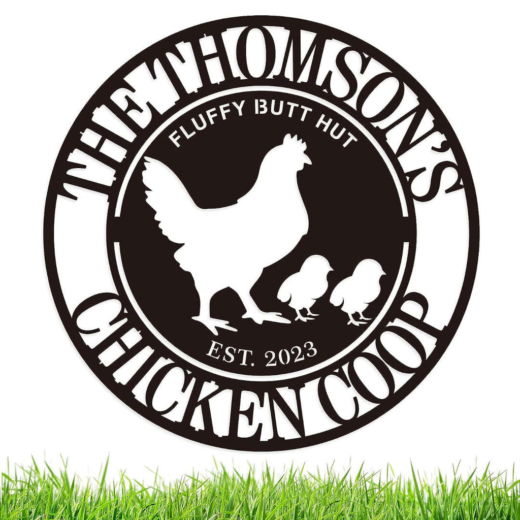 Round custom metal chicken coop sign with a hen and two chicks, personalized with family name and established date, made from durable black steel.