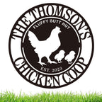 Round custom metal chicken coop sign with a hen and two chicks, personalized with family name and established date, made from durable black steel.