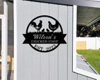 Custom metal chicken coop sign with rooster and hen – personalized farm decor
