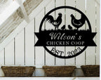 Custom metal chicken coop sign with rooster and hen – personalized farm decor