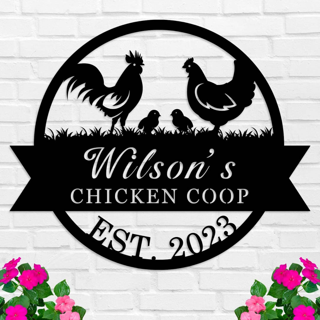 Custom metal chicken coop sign with rooster and hen – personalized farm decor Main image