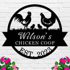 Custom metal chicken coop sign with rooster and hen – personalized farm decor