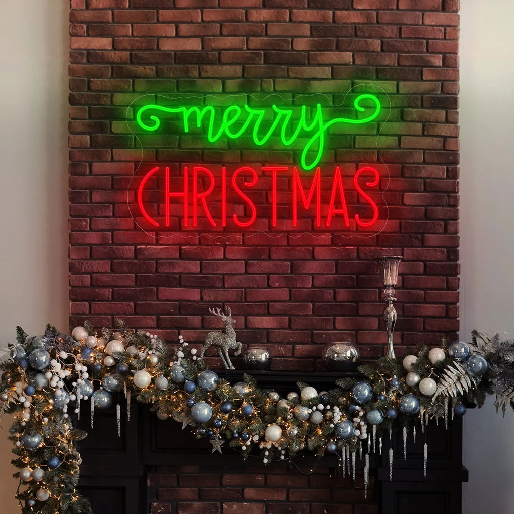 Merry Christmas neon sign in red and green LED lights mounted on brick wall for holiday decoration