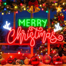Merry Christmas neon sign in red and green LED lights mounted on brick wall for holiday decoration