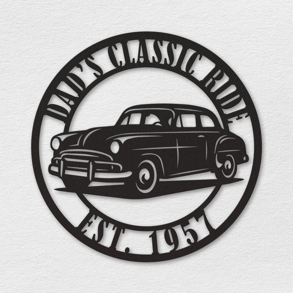 Personalized metal sign featuring a vintage classic car with custom text “Dad’s Classic Ride” and “Est. 1957” in black powder-coated steel design Main image