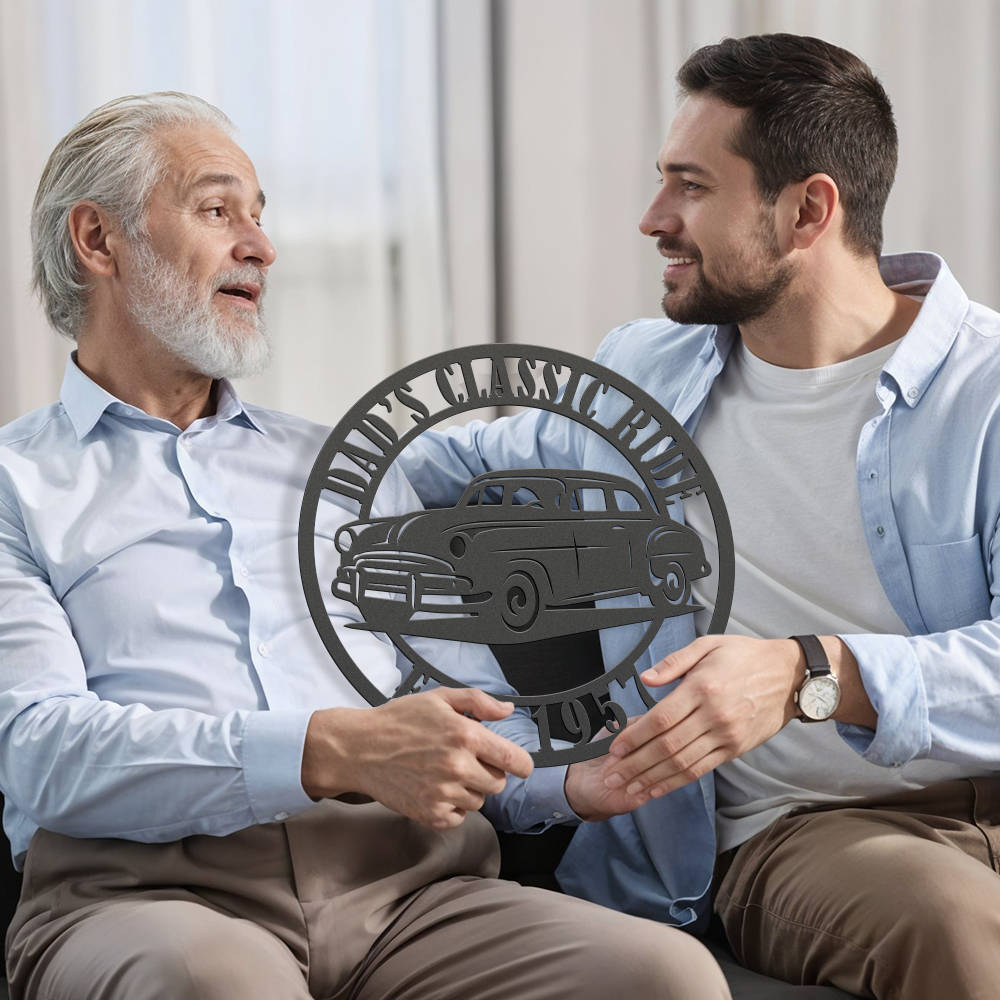 Personalized metal sign featuring a vintage classic car with custom text “Dad’s Classic Ride” and “Est. 1957” in black powder-coated steel design