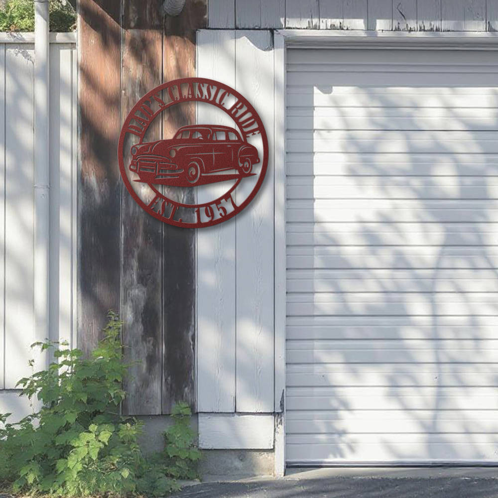 Personalized metal sign featuring a vintage classic car with custom text “Dad’s Classic Ride” and “Est. 1957” in black powder-coated steel design