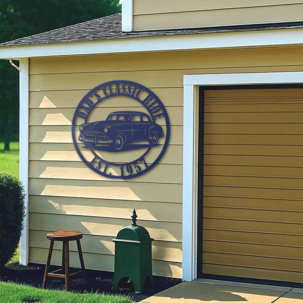 Personalized metal sign featuring a vintage classic car with custom text “Dad’s Classic Ride” and “Est. 1957” in black powder-coated steel design