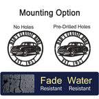 Personalized metal sign featuring a vintage classic car with custom text “Dad’s Classic Ride” and “Est. 1957” in black powder-coated steel design