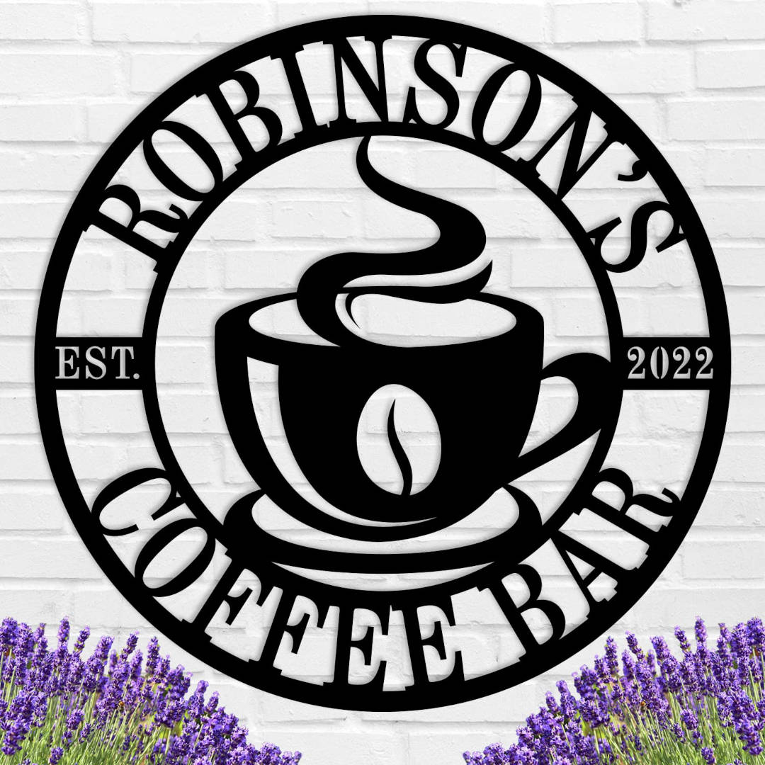 Custom coffee bar metal sign featuring a steaming cup and personalized name text, laser-cut from premium steel with powder-coated black finish. Main image