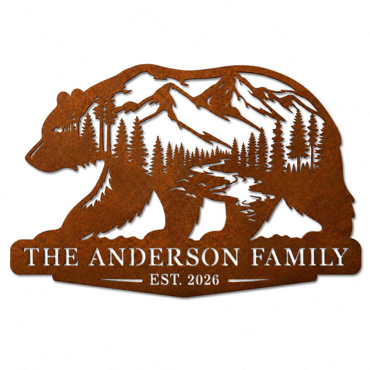 Custom Bear Family Name Sign in Rusted Corten Steel with Mountain Forest Design and Established Date Main image