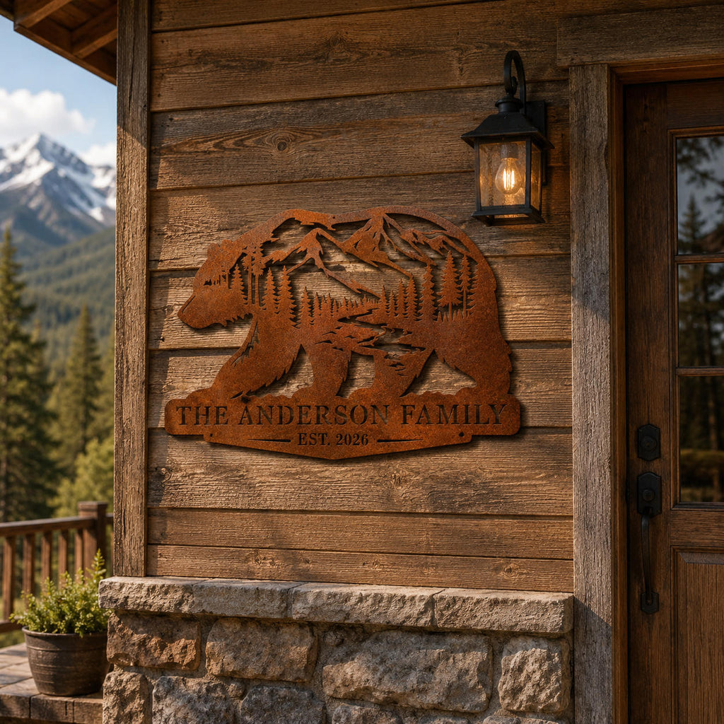 Personalized Rusted Corten Steel Bear Family Sign Mounted on a Mountain Cabin Exterior
