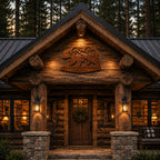 Rusted Weathering Steel Bear Name Sign Displayed Above a Forest Cabin Entrance
