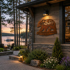 Personalized Rusted Bear Metal Sign on a Lakeside Cabin Wall