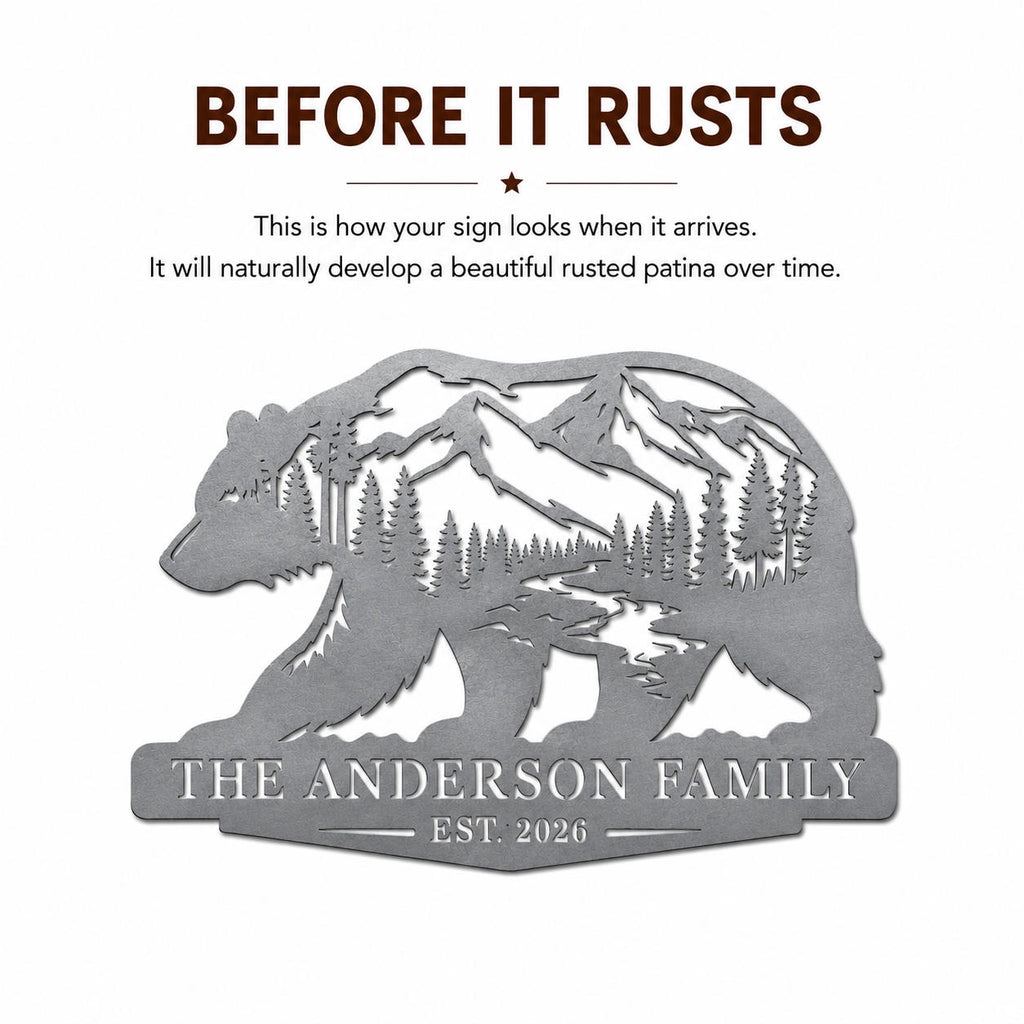 Custom Bear Family Sign in Raw Sandblasted Weathering Steel Before Rust Patina Development