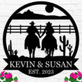 Personalized cowboy couple metal wall art featuring two riders holding hands, custom name and date, rustic western decor, laser-cut steel sign for home or gift