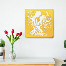 Romantic couple metal wall art, laser-cut steel décor featuring lovers with flowing tree design, powder coated finish, perfect for home decoration or wedding and anniversary gifts.