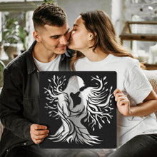 Romantic couple metal wall art, laser-cut steel décor featuring lovers with flowing tree design, powder coated finish, perfect for home decoration or wedding and anniversary gifts.