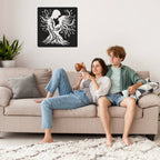Romantic couple metal wall art, laser-cut steel décor featuring lovers with flowing tree design, powder coated finish, perfect for home decoration or wedding and anniversary gifts.