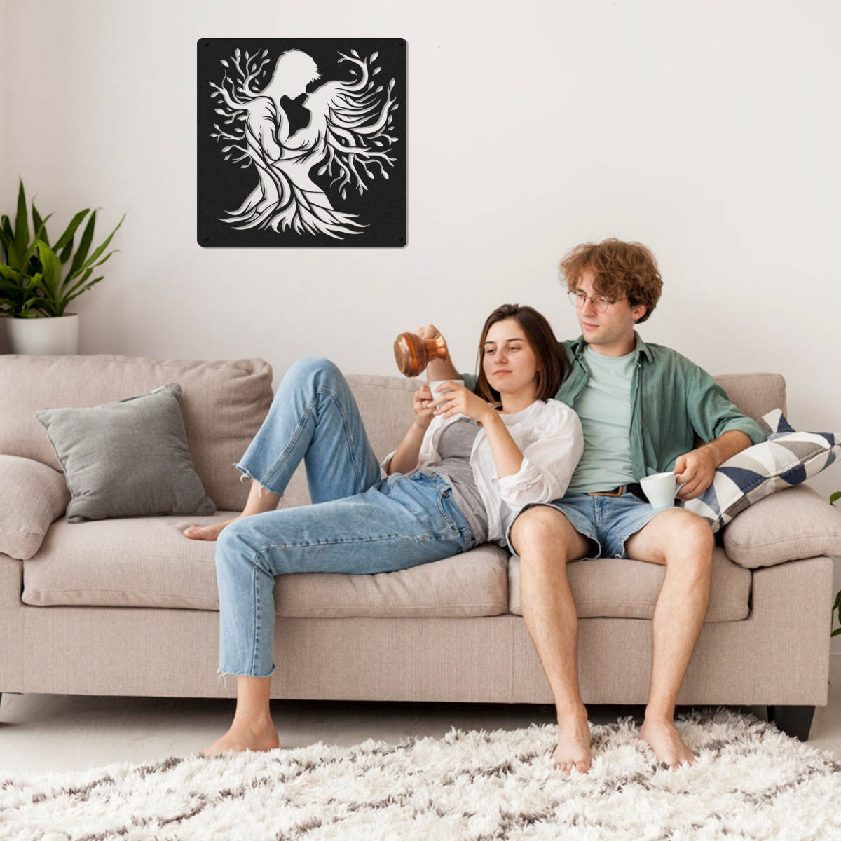 Romantic couple metal wall art, laser-cut steel décor featuring lovers with flowing tree design, powder coated finish, perfect for home decoration or wedding and anniversary gifts.