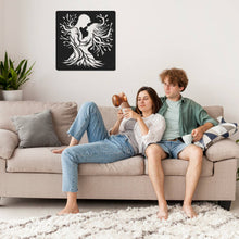 Romantic couple metal wall art, laser-cut steel décor featuring lovers with flowing tree design, powder coated finish, perfect for home decoration or wedding and anniversary gifts.