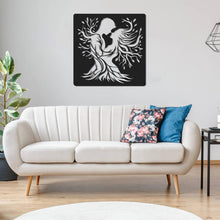 Romantic couple metal wall art, laser-cut steel décor featuring lovers with flowing tree design, powder coated finish, perfect for home decoration or wedding and anniversary gifts.