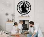 Personalized couple silhouette metal sign with custom names and established year in a circular steel design, perfect for wedding and anniversary home décor.