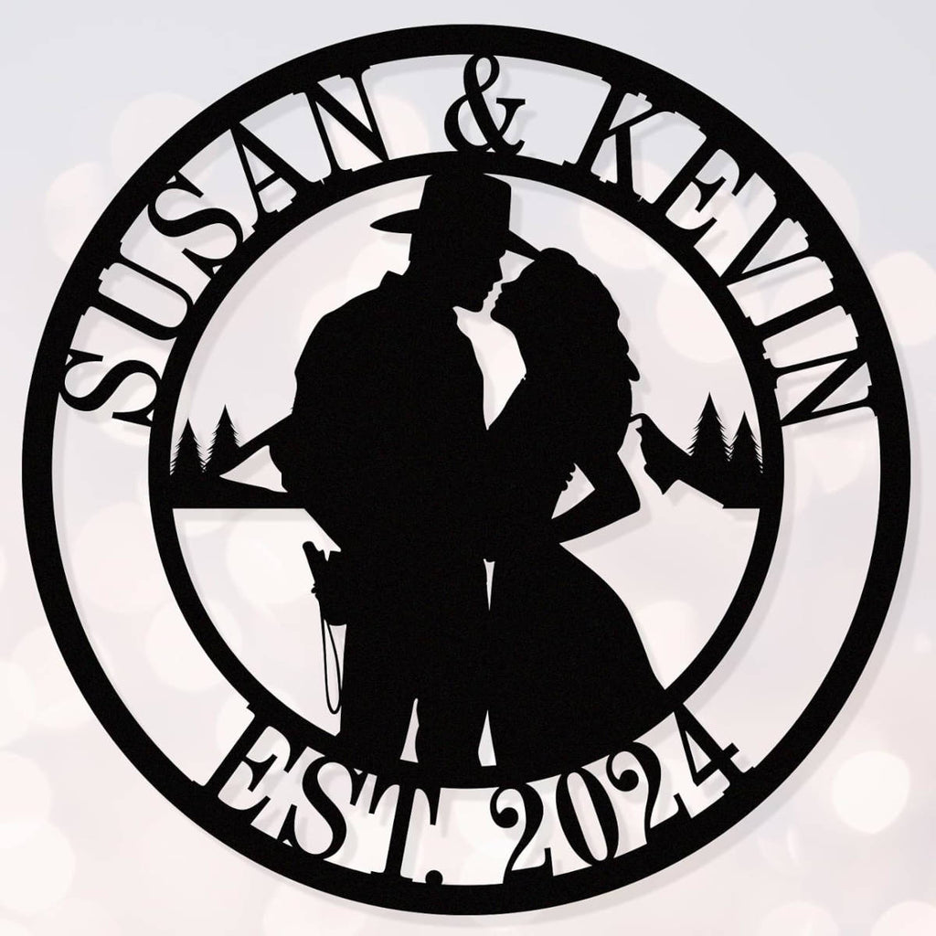 Personalized couple silhouette metal sign with custom names and established year in a circular steel design, perfect for wedding and anniversary home décor.
