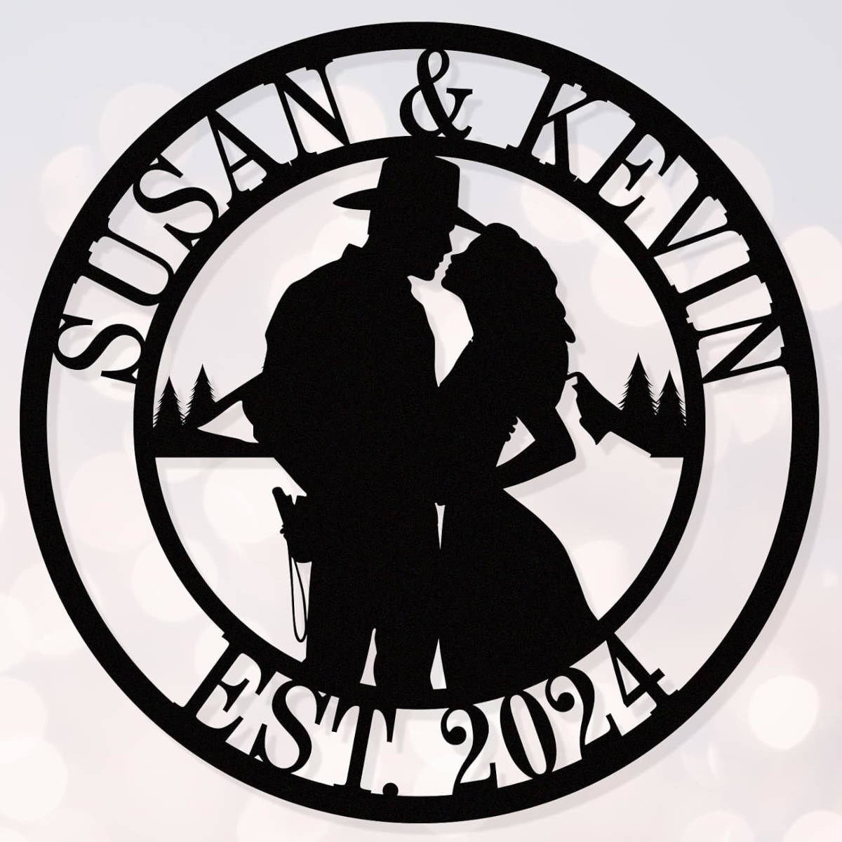 Personalized couple silhouette metal sign with custom names and established year in a circular steel design, perfect for wedding and anniversary home décor.