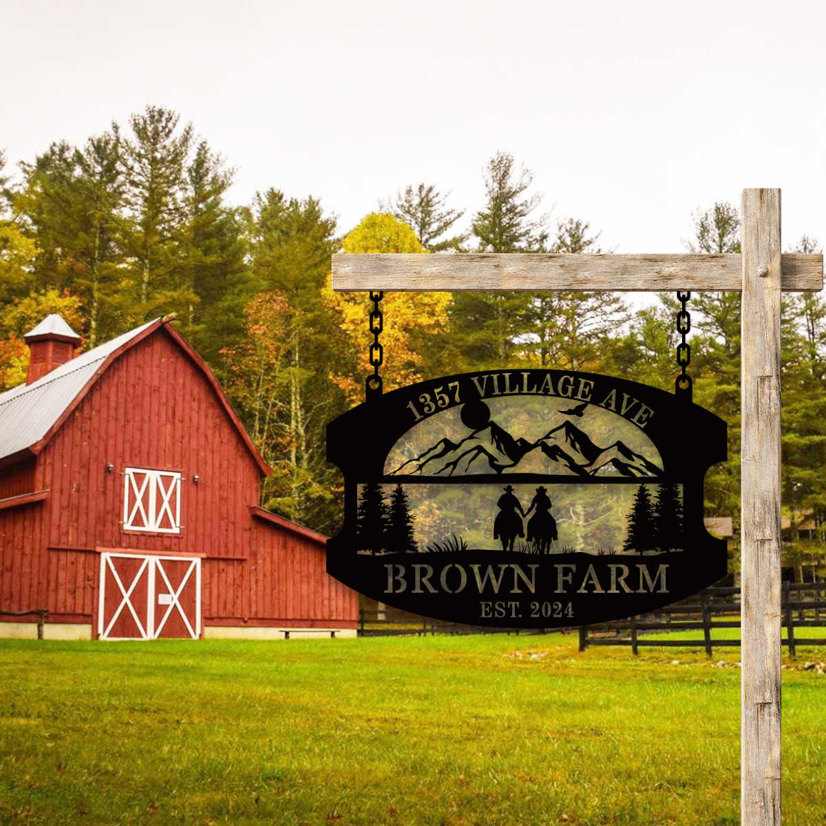custom farm metal sign with mountain scene and horseback couple personalized address and family name outdoor sign