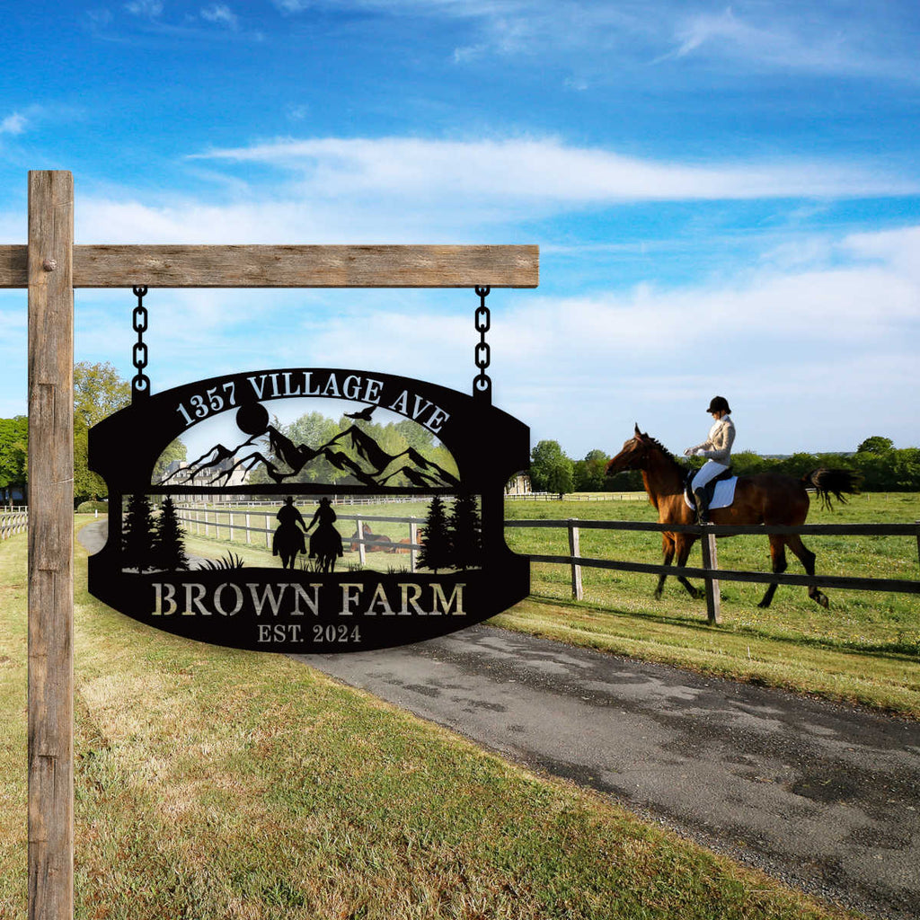 custom farm metal sign with mountain scene and horseback couple personalized address and family name outdoor sign