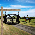 custom farm metal sign with mountain scene and horseback couple personalized address and family name outdoor sign