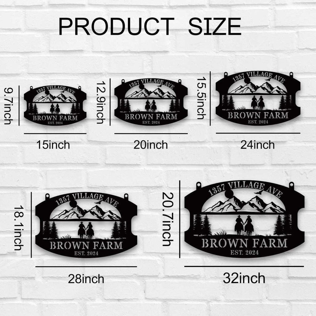 custom farm metal sign with mountain scene and horseback couple personalized address and family name outdoor sign