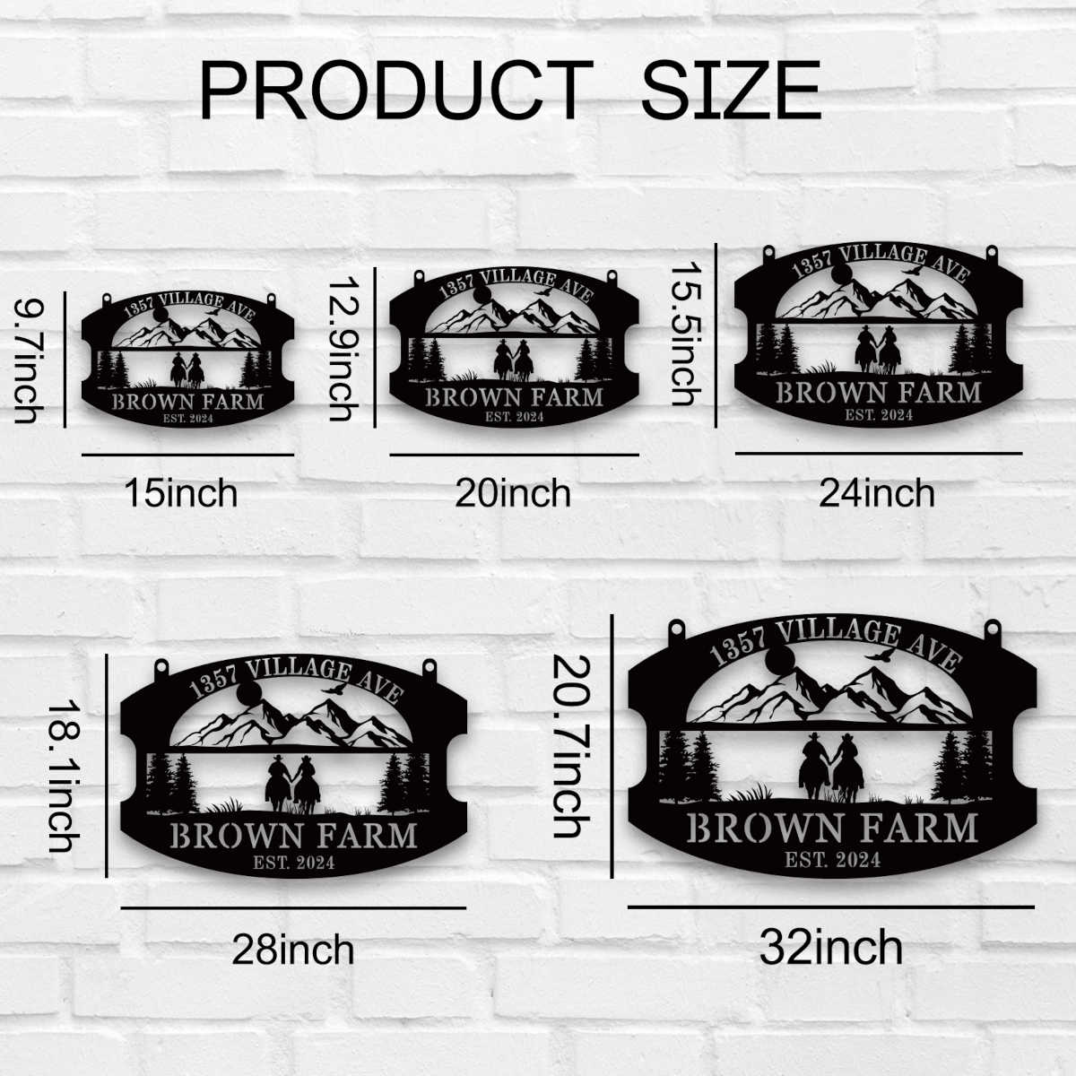 custom farm metal sign with mountain scene and horseback couple personalized address and family name outdoor sign