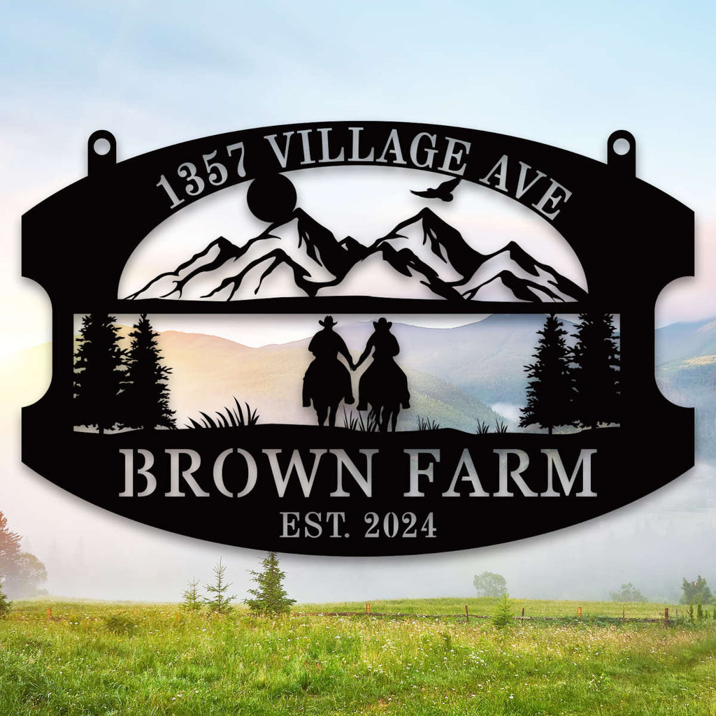 custom farm metal sign with mountain scene and horseback couple personalized address and family name outdoor sign