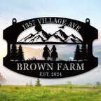 custom farm metal sign with mountain scene and horseback couple personalized address and family name outdoor sign