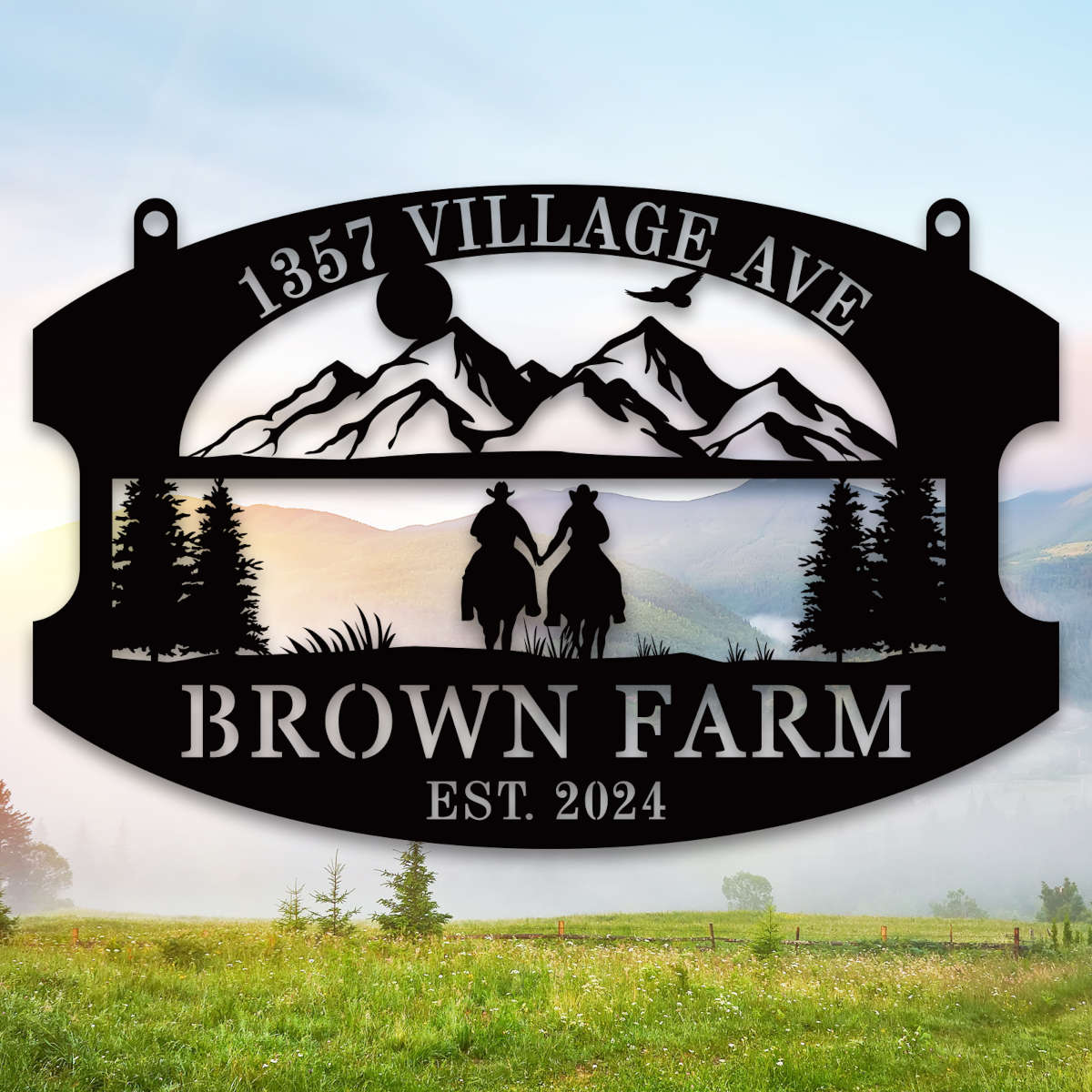 custom farm metal sign with mountain scene and horseback couple personalized address and family name outdoor sign