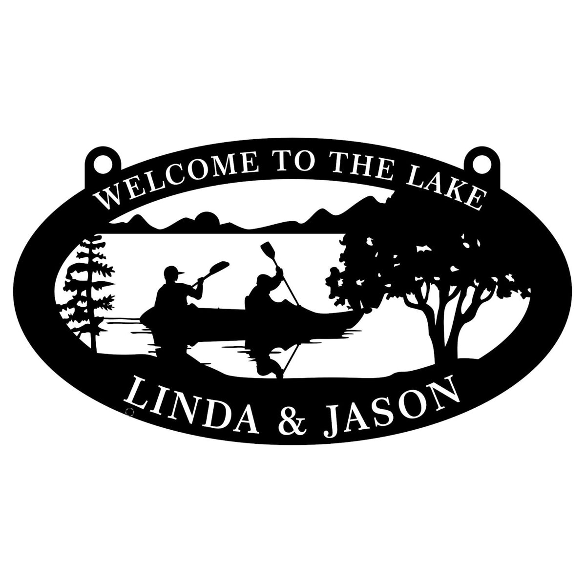 Personalized black metal lake house sign with canoe scene and custom family name on a white background Main image