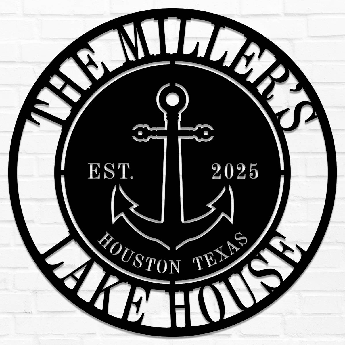 Custom anchor metal sign with personalized family name, location, and year, laser-cut from premium steel, perfect for lake house or nautical wall décor. Main image