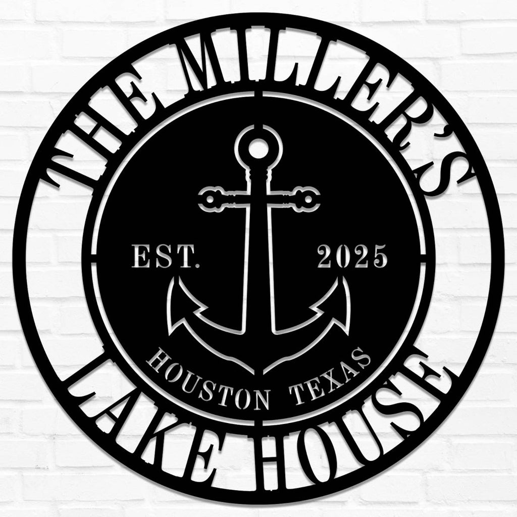 Custom anchor metal sign with personalized family name, location, and year, laser-cut from premium steel, perfect for lake house or nautical wall décor.