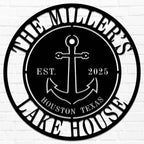 Custom anchor metal sign with personalized family name, location, and year, laser-cut from premium steel, perfect for lake house or nautical wall décor.