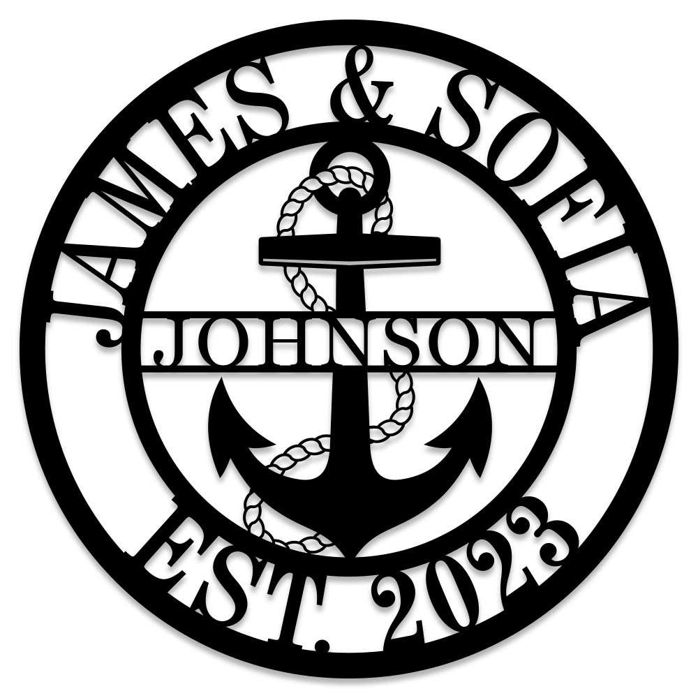 Personalized anchor metal wall sign with custom text – laser cut nautical décor for home or boat, made from powder-coated steel