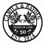 Personalized 50th anniversary metal sign with hummingbirds, roses and custom names on a white background.