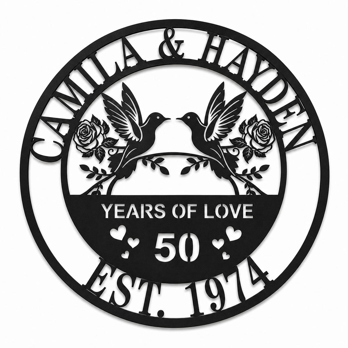 Personalized 50th anniversary metal sign with hummingbirds, roses and custom names on a white background.