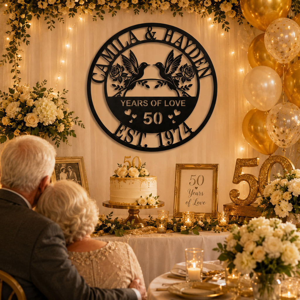 Personalized 50 years of love metal sign used as a backdrop decoration at a golden wedding anniversary celebration.
