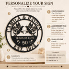 Customization guide showing how to personalize names, anniversary year and years of love on the metal sign.