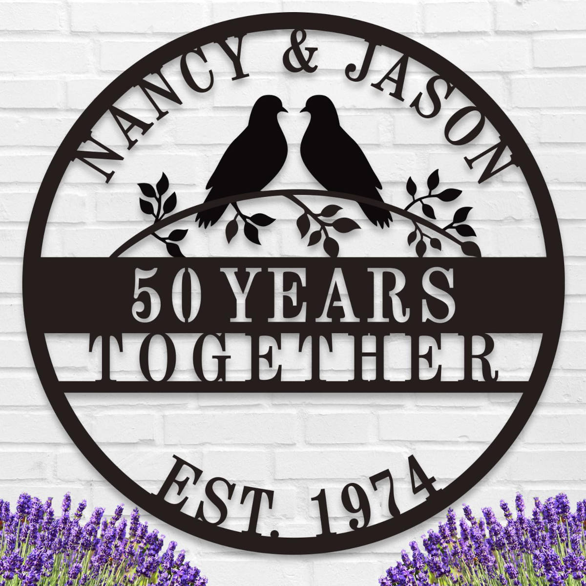 Custom round metal anniversary sign featuring personalized names, years together, and lovebirds on a branch.