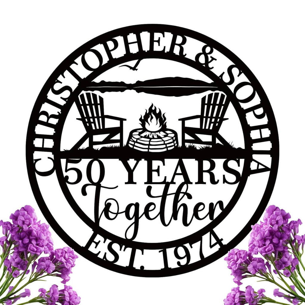 Custom round metal anniversary sign with fire pit and chairs design, personalized names, customizable years together, and established date, steel wall decor
