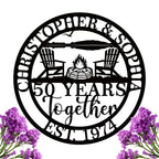 Custom round metal anniversary sign with fire pit and chairs design, personalized names, customizable years together, and established date, steel wall decor