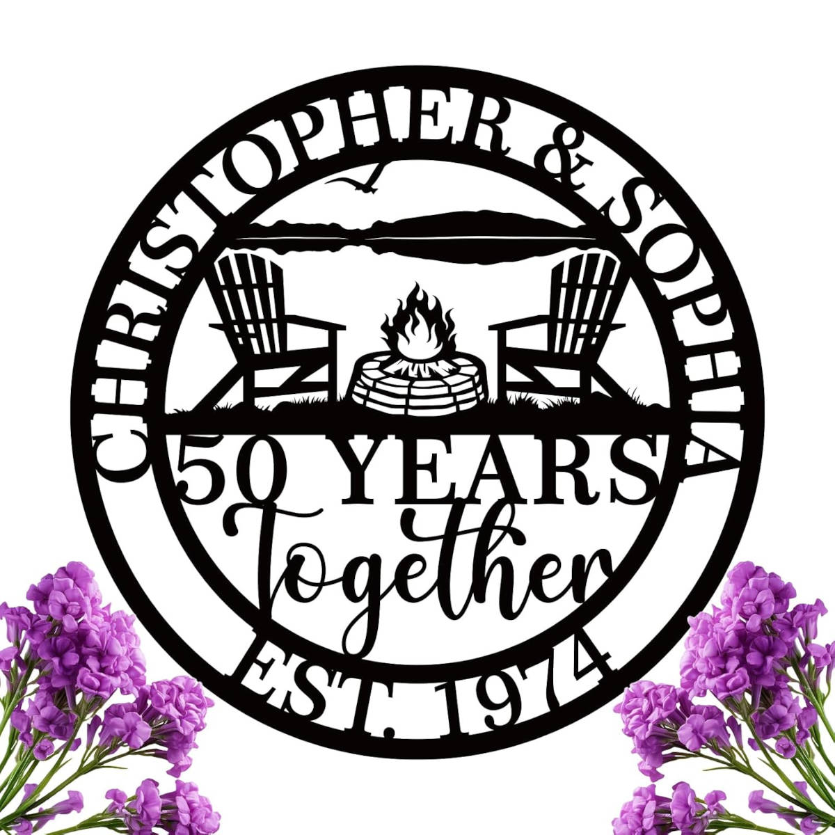 Custom round metal anniversary sign with fire pit and chairs design, personalized names, customizable years together, and established date, steel wall decor